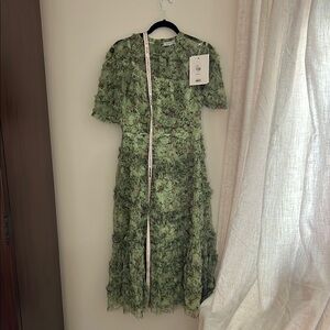 Mac Duggal 1810 Green Floral Flutter Sleeve mesh print dress NWT sage